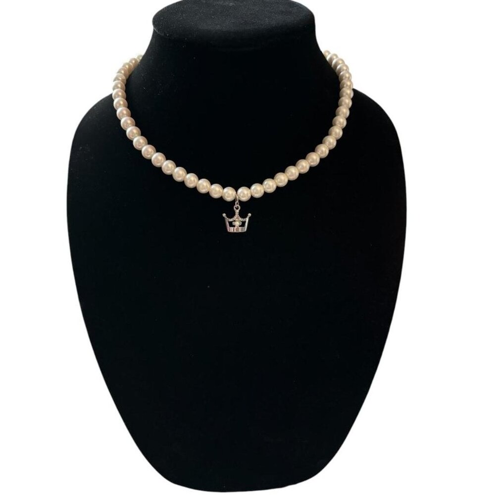 Elegant pearl necklace with crown charm handmade
